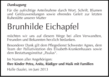 Traueranzeige von Brunhilde Eichapfel von Mitteldeutsche Zeitung Halle/Saalkreis