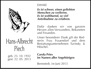 Traueranzeige von Hans-Albrecht Piech von Mitteldeutsche Zeitung Halle/Saalkreis