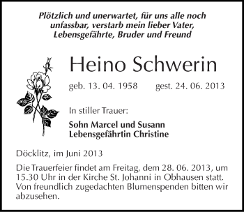 Traueranzeige von Heino Schwerin von Mitteldeutsche Zeitung Merseburg/Querfurt