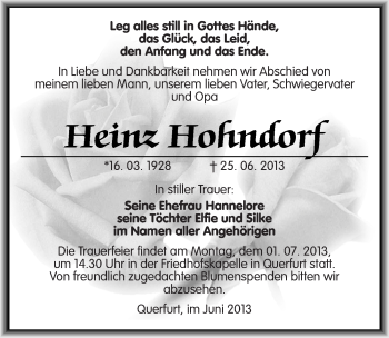 Traueranzeige von Heinz Hohndorf von Mitteldeutsche Zeitung Merseburg/Querfurt
