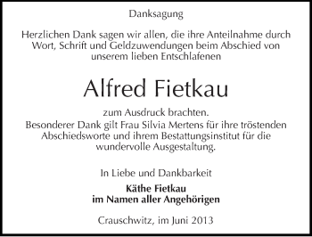 Traueranzeige von Alfred Fietkau von Mitteldeutsche Zeitung Naumburg/Nebra