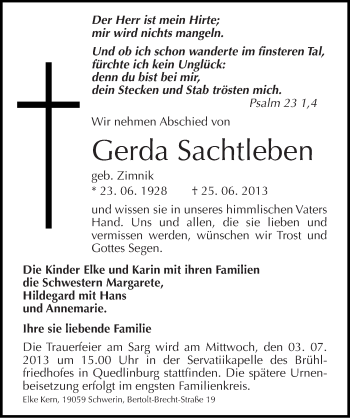 Traueranzeige von Gerda Sachtleben von Mitteldeutsche Zeitung Quedlinburg