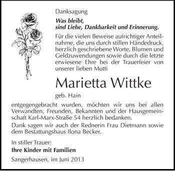 Traueranzeige von Marietta Wittke von Mitteldeutsche Zeitung Sangerhausen