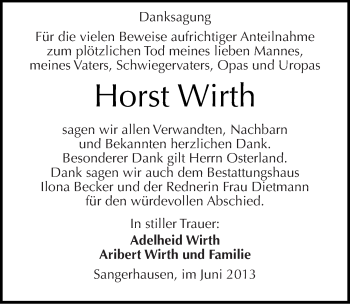 Traueranzeige von Horst Wirth von Mitteldeutsche Zeitung Sangerhausen