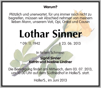 Traueranzeige von Lothar Sinner von Mitteldeutsche Zeitung Halle/Saalkreis