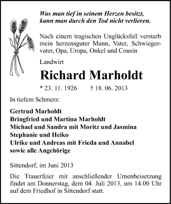 Traueranzeige von Richard Marholdt von Mitteldeutsche Zeitung Sangerhausen