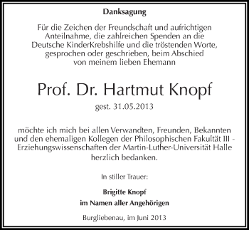 Traueranzeige von Hartmut Knopf von Mitteldeutsche Zeitung Halle/Saalkreis