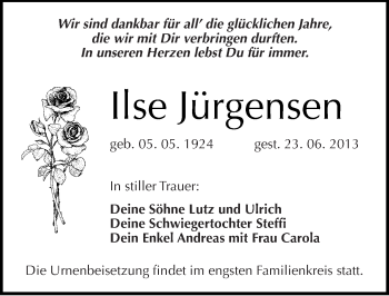 Traueranzeige von Ilse Jürgensen von Mitteldeutsche Zeitung Halle/Saalkreis