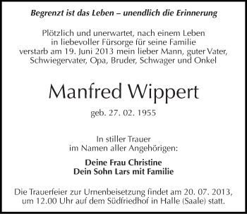 Traueranzeige von Manfred Wippert von Mitteldeutsche Zeitung Halle/Saalkreis