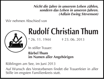Traueranzeige von Rudolf Christian Thum von Mitteldeutsche Zeitung Mansfelder Land
