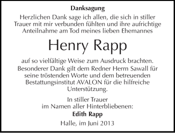 Traueranzeige von Henry Rapp von Mitteldeutsche Zeitung Halle/Saalkreis