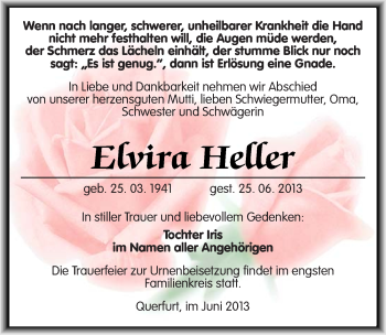 Traueranzeige von Elvira Heller von Mitteldeutsche Zeitung Merseburg/Querfurt