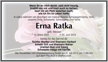 Traueranzeige von Erna Ratka von Mitteldeutsche Zeitung Bitterfeld