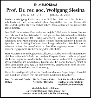 Traueranzeige von Wolfgang Slesina von Mitteldeutsche Zeitung Halle/Saalkreis