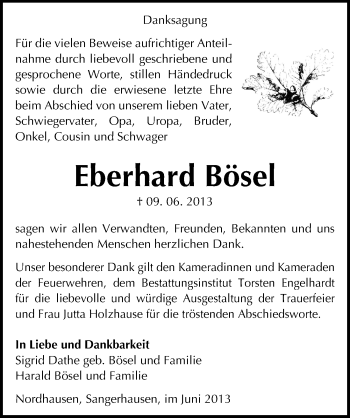 Traueranzeige von Eberhard Bösel von Mitteldeutsche Zeitung Sangerhausen
