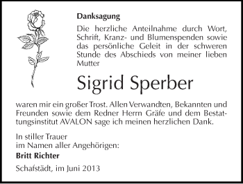 Traueranzeige von Sigrid Sperber von Mitteldeutsche Zeitung Merseburg/Querfurt