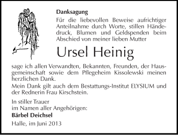 Traueranzeige von Ursel Heinig von Mitteldeutsche Zeitung Halle/Saalkreis