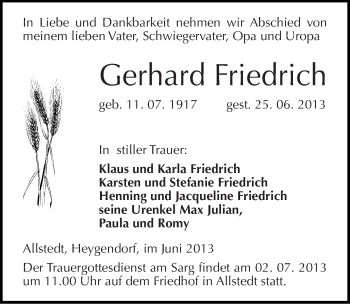 Traueranzeige von Gerhard Friedrich von Mitteldeutsche Zeitung Sangerhausen