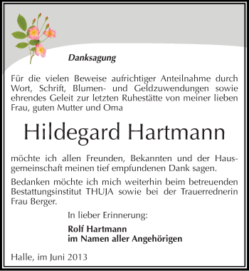 Traueranzeige von Hildegard Hartmann von Mitteldeutsche Zeitung Halle/Saalkreis