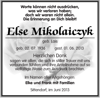 Traueranzeige von Else Mikolaiczyk von Mitteldeutsche Zeitung Sangerhausen