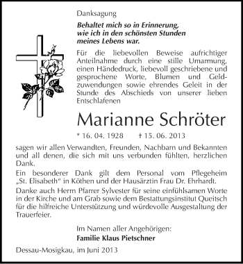 Traueranzeige von Marianne Schröter von Mitteldeutsche Zeitung