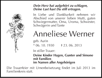 Traueranzeige von Anneliese Werner von Mitteldeutsche Zeitung Halle/Saalkreis