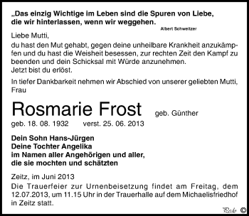Traueranzeige von Rosmarie Frost von Mitteldeutsche Zeitung Zeitz