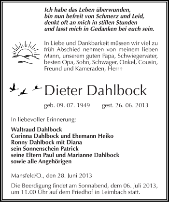 Traueranzeige von Dieter Dahlbock von Mitteldeutsche Zeitung Mansfelder Land
