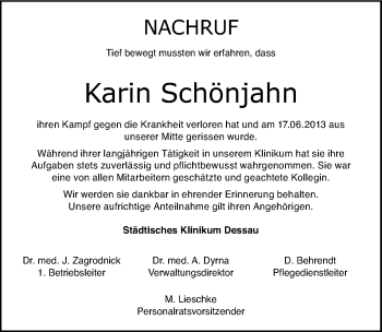 Traueranzeige von Karin Schönjahn von Mitteldeutsche Zeitung Dessau-Roßlau