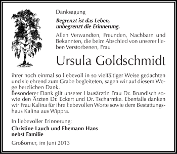 Traueranzeige von Ursula Goldschmidt von Mitteldeutsche Zeitung Mansfelder Land