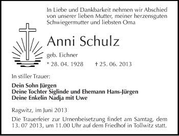Traueranzeige von Anni Schulz von Mitteldeutsche Zeitung Merseburg/Querfurt