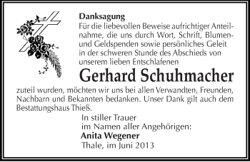 Traueranzeige von Gerhard Schuhmacher von Mitteldeutsche Zeitung Quedlinburg