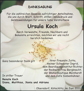 Traueranzeige von Ursula Koch von Mitteldeutsche Zeitung Sangerhausen