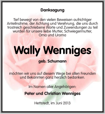 Traueranzeige von Wally Wenniges von Mitteldeutsche Zeitung Mansfelder Land