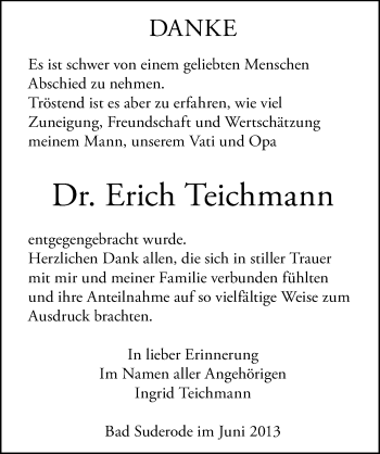 Traueranzeige von Erich Teichmann von Mitteldeutsche Zeitung Quedlinburg