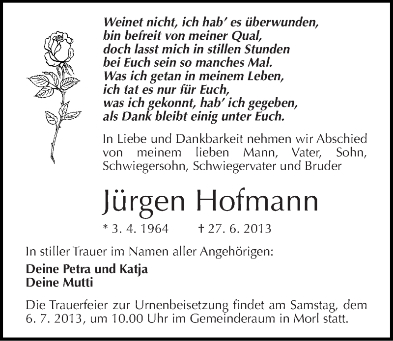  Traueranzeige für Jürgen Hofmann vom 29.06.2013 aus Mitteldeutsche Zeitung Halle/Saalkreis