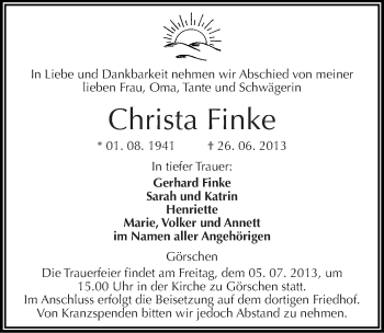 Traueranzeige von Christa Finke von Mitteldeutsche Zeitung Naumburg/Nebra