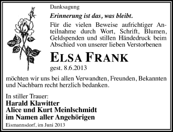 Traueranzeige von Elsa Frank von Mitteldeutsche Zeitung Halle/Saalkreis