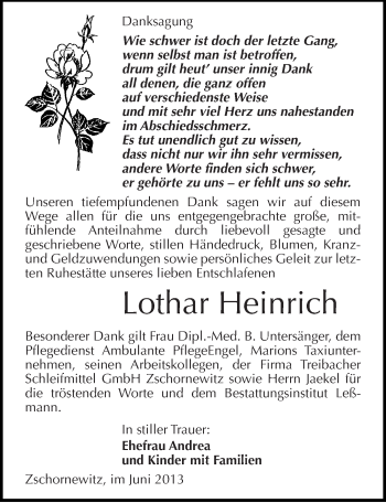 Traueranzeige von Lothar Heinrich von Mitteldeutsche Zeitung Wittenberg