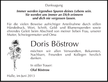 Traueranzeige von Doris Böstrow von Mitteldeutsche Zeitung Halle/Saalkreis