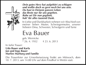 Traueranzeige von Eva Bauer von Mitteldeutsche Zeitung Halle/Saalkreis