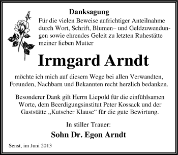 Traueranzeige von Irmgard Arndt von Mitteldeutsche Zeitung Wittenberg