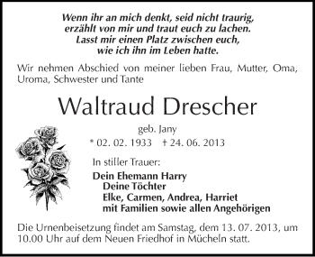 Traueranzeige von Waltraud Drescher von Mitteldeutsche Zeitung Merseburg/Querfurt