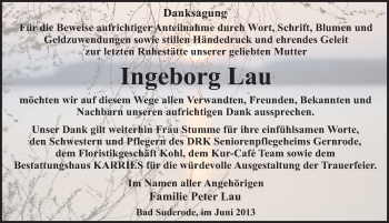 Traueranzeige von Ingeborg Lau von Mitteldeutsche Zeitung Quedlinburg