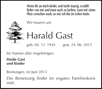 Traueranzeige von Harald Gast von Mitteldeutsche Zeitung Sangerhausen