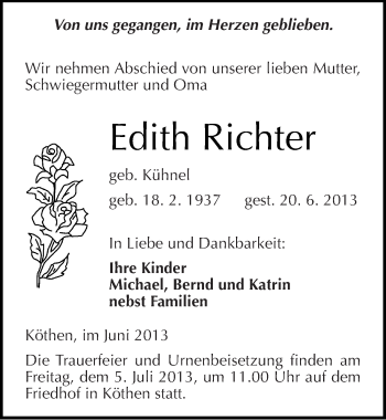 Traueranzeige von Edith Richter von Mitteldeutsche Zeitung Köthen