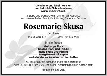 Traueranzeige von Rosemarie Skusa von Mitteldeutsche Zeitung Köthen