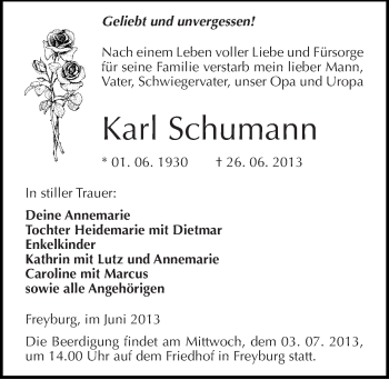 Traueranzeige von Karl Schumann von Mitteldeutsche Zeitung Naumburg/Nebra
