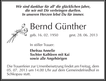 Traueranzeige von Bernd Günther von Mitteldeutsche Zeitung Merseburg/Querfurt