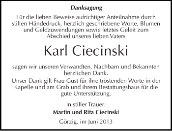 Traueranzeige von Karl Ciecinski von Mitteldeutsche Zeitung Köthen